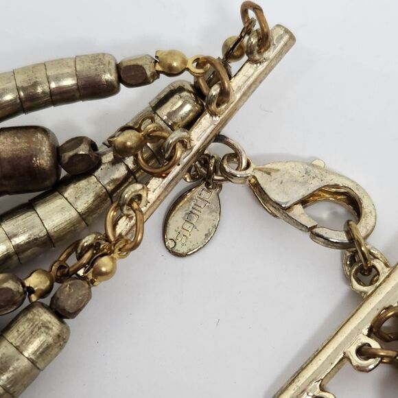 CHICOS Long Layered Geometric Chunky Necklace Pink Antique Gold Earrings Set - Picture 5 of 7